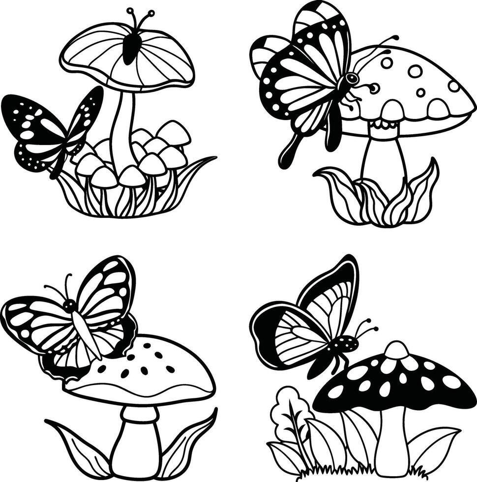 Black and white line art of butterflies resting on mushrooms illustration vector