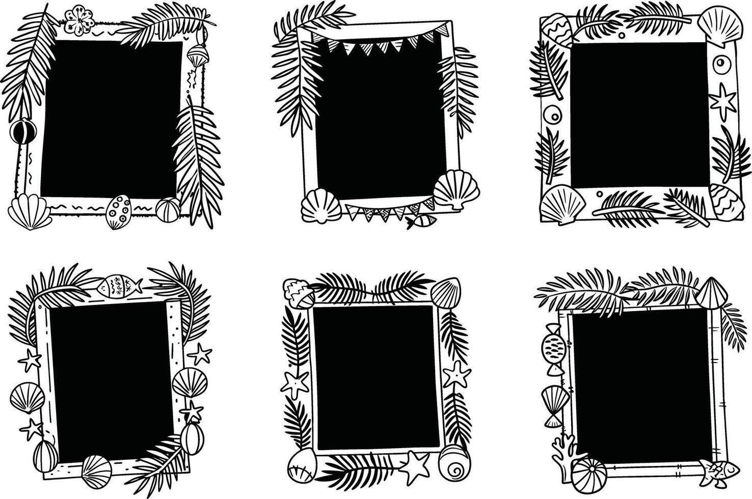 Summer vacation frames with tropical palm leaves and seashells doodles collection vector