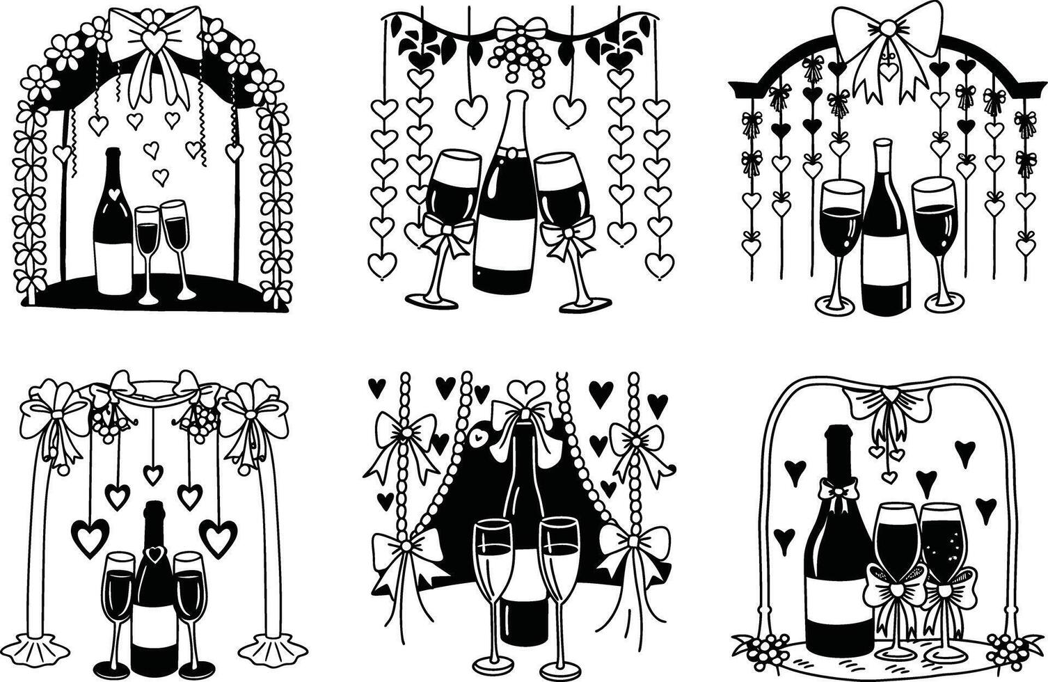 Elegant black and white wedding toast icons illustration set vector