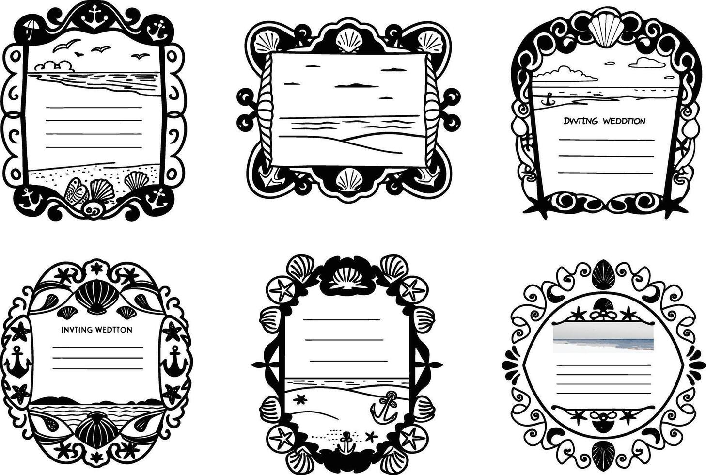 Set of six decorative frames with a nautical beach theme and placeholders vector