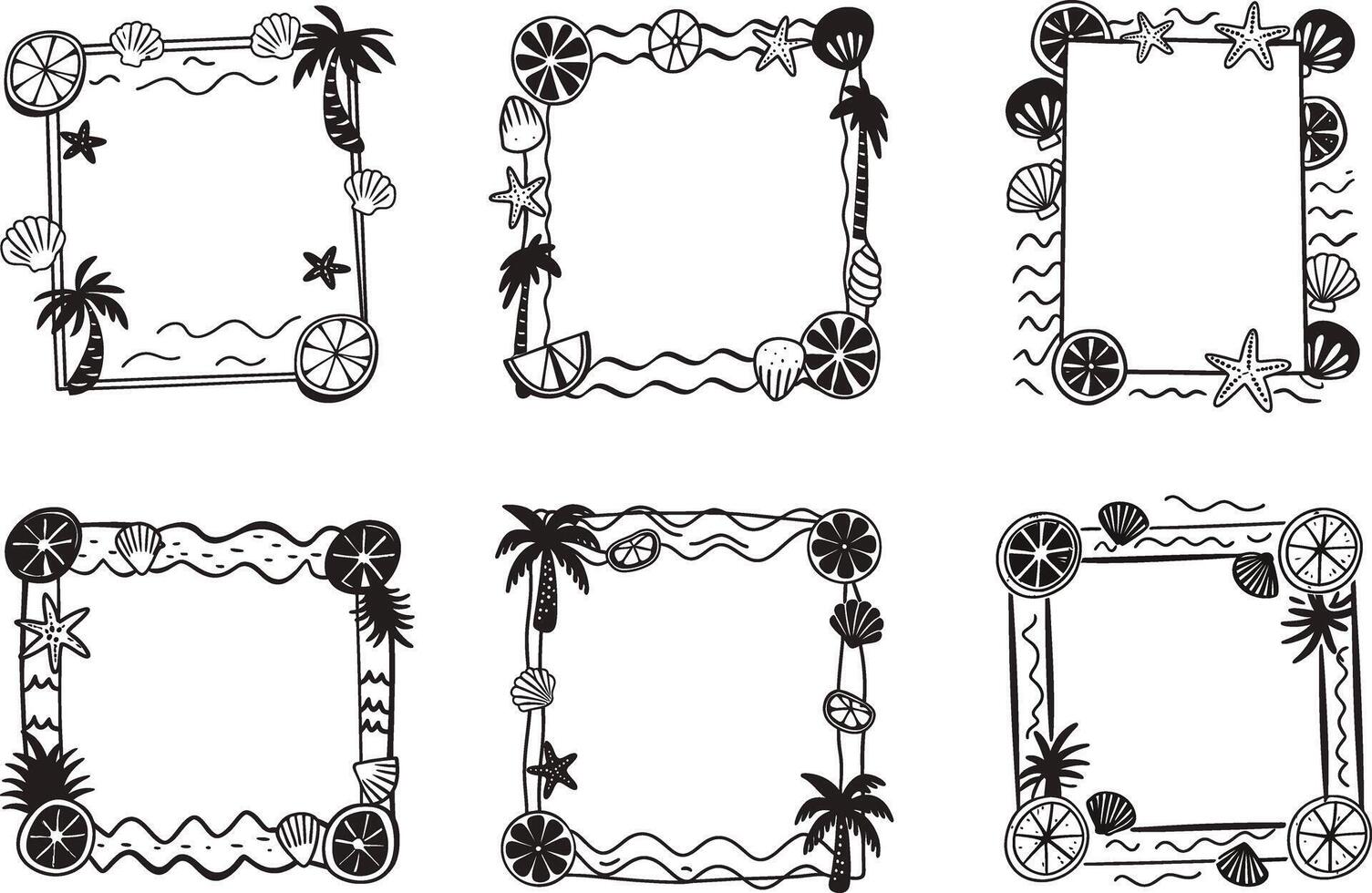 Set of tropical summer doodle frames with palm trees and seashells vector