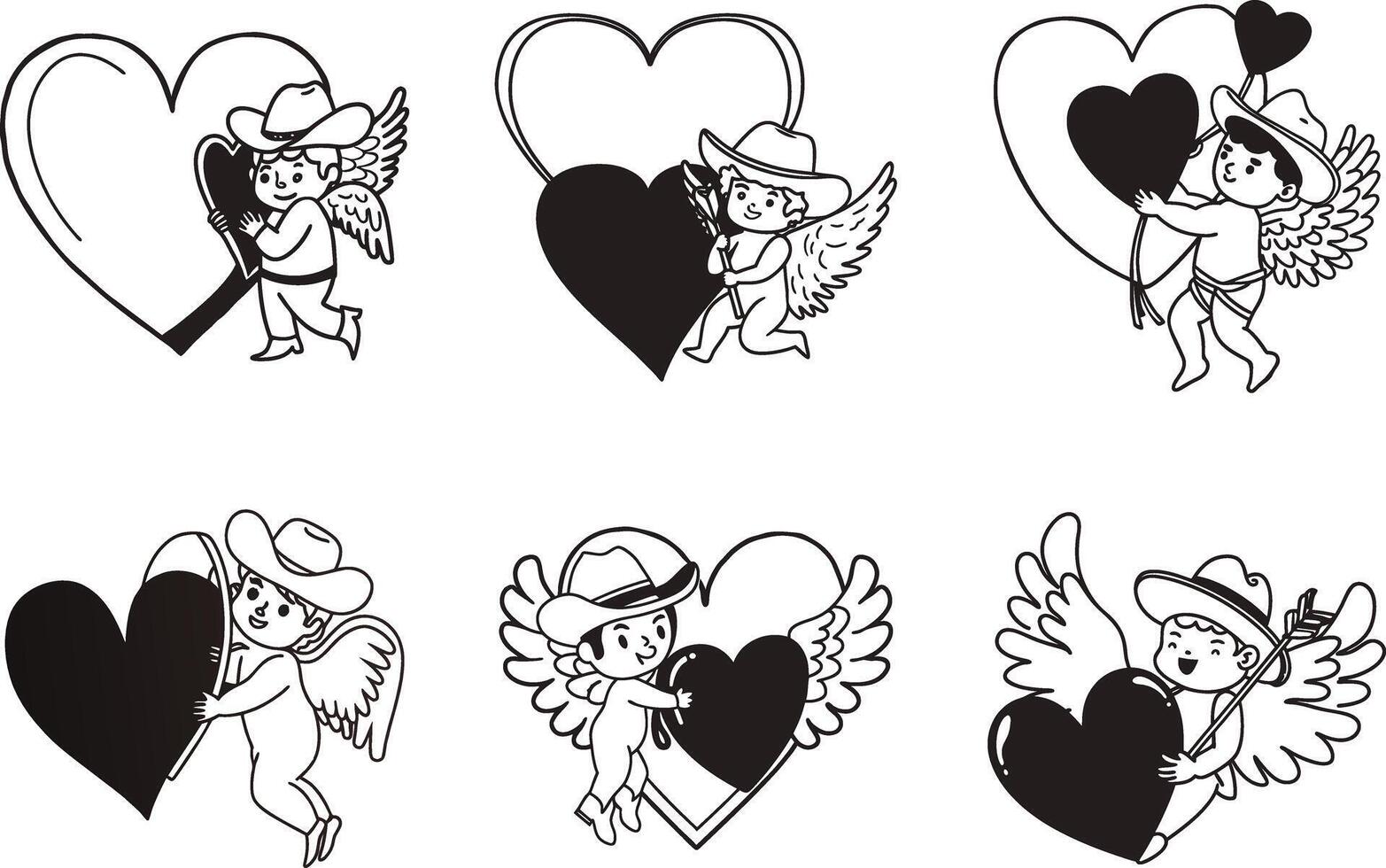 Set of cowboy cupids holding hearts for valentines day vector