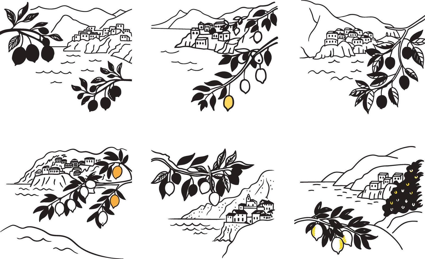 Mediterranean coastline with lemons illustration set black and white vector