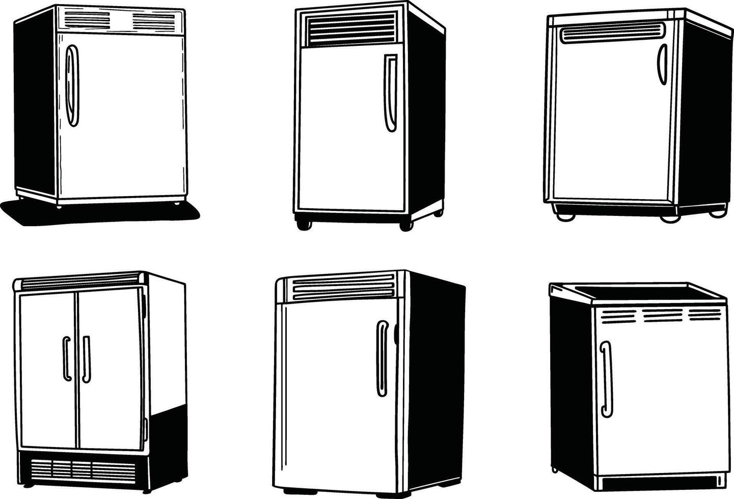 Illustration of various commercial refrigerators in black and white outline style vector