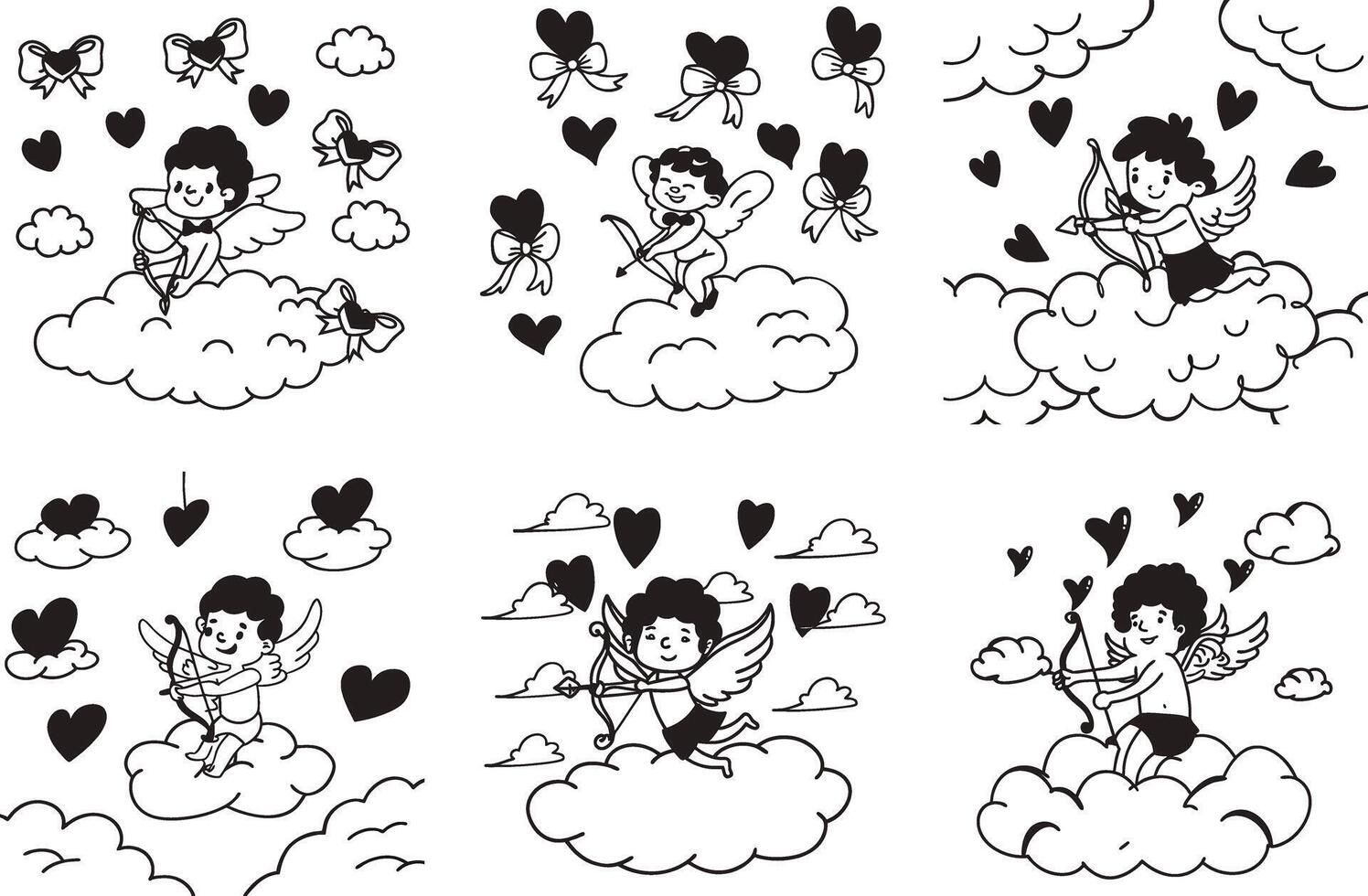 Hand drawn seamless pattern of cupid angels clouds and hearts for valentines day vector