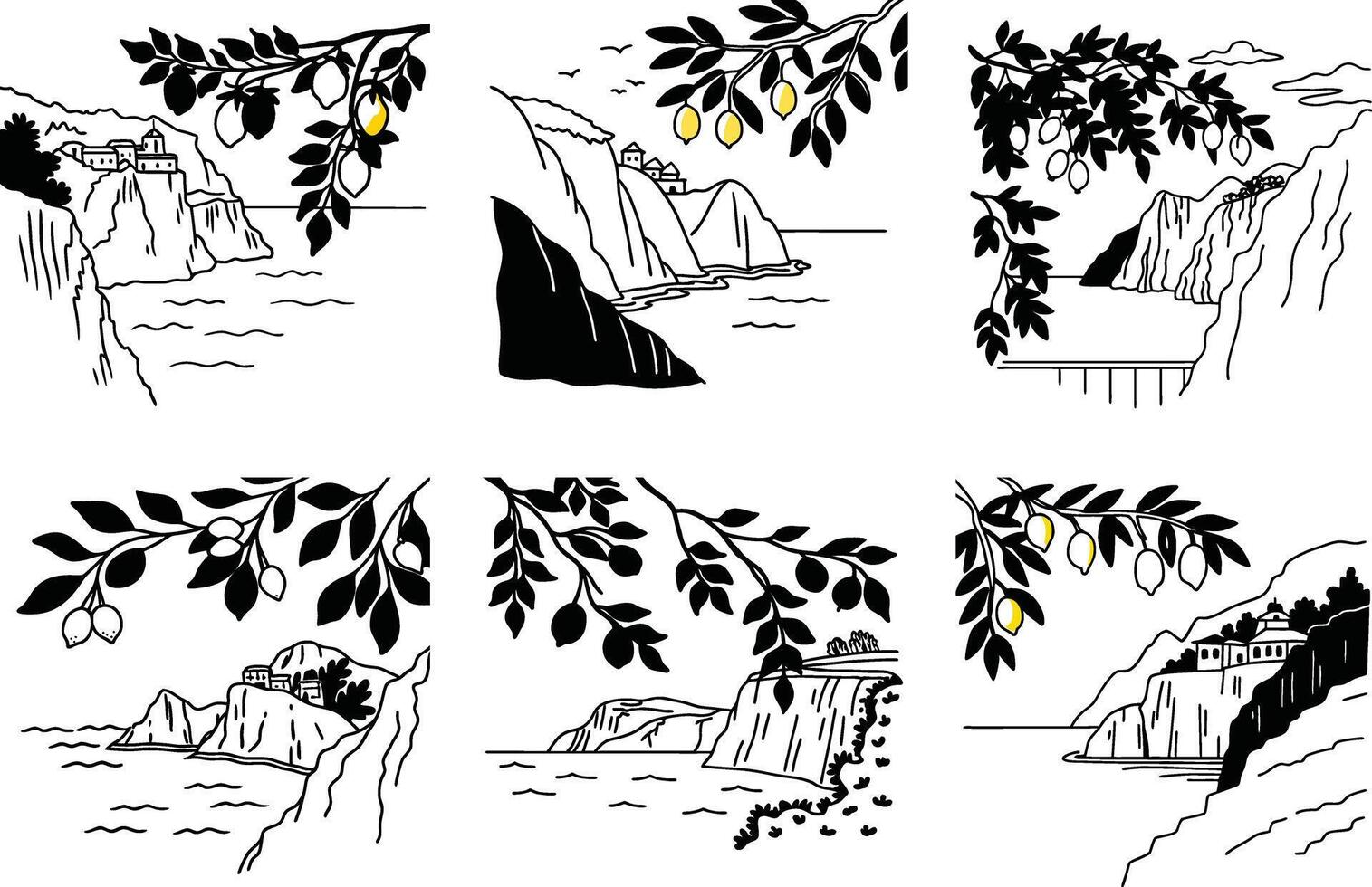 Mediterranean coastline with lemon trees black and white seamless pattern vector