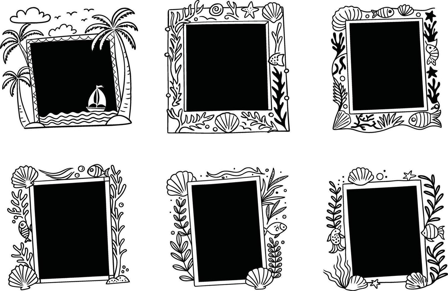 Set of hand drawn sea themed photo frames collection vector
