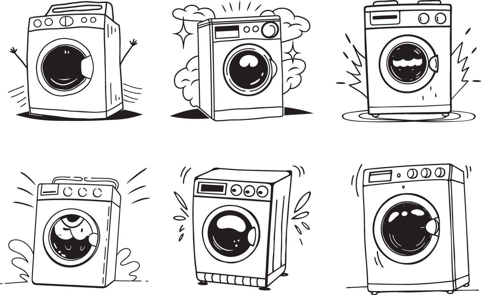Cartoon line art washing machine clipart illustrations for laundry and cleaning vector