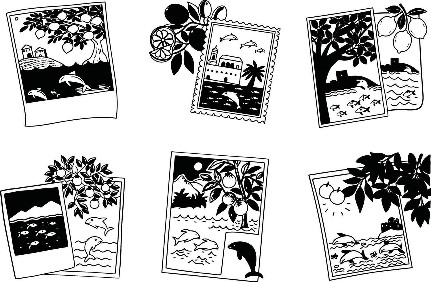 Black and white mediterranean vacation memories with dolphins and citrus fruits vector