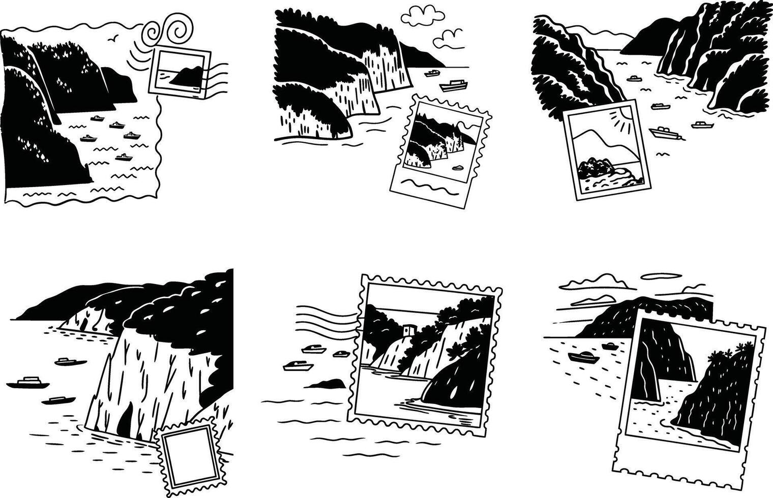 Black and white seamless pattern of coastal views with stamps travel concept vector