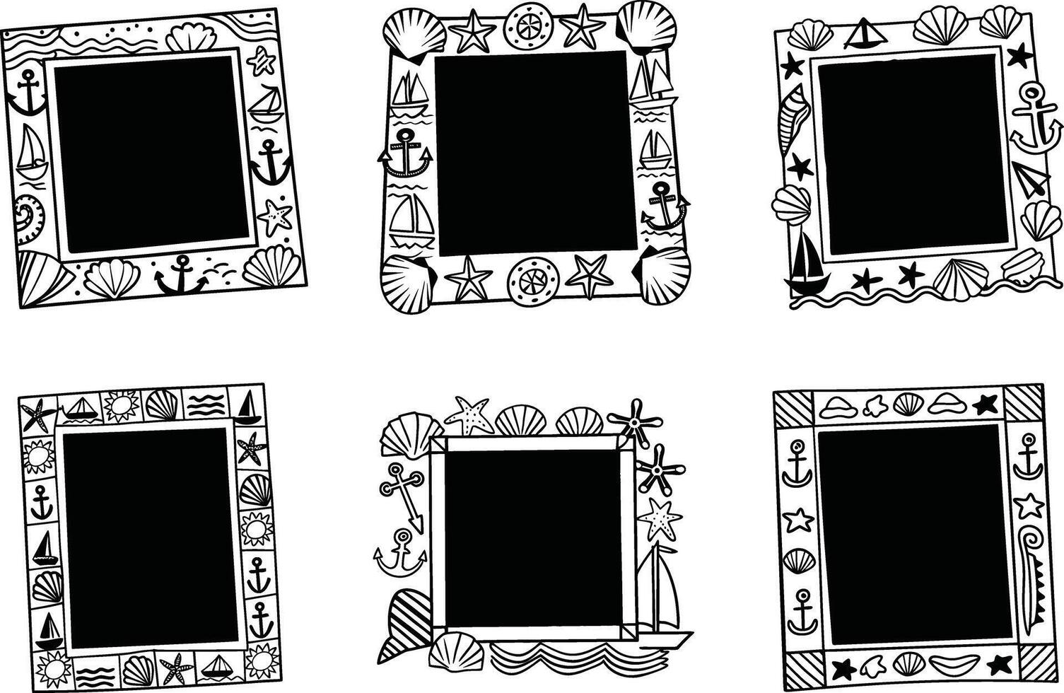 Nautical theme doodle frames collection with seashells and anchors illustration vector