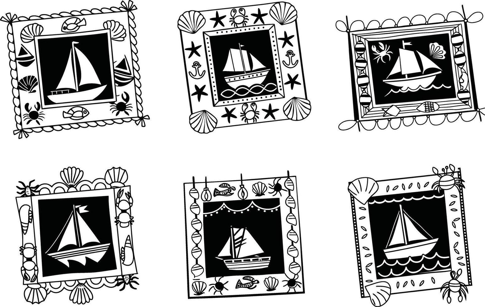 Black and white seamless pattern with nautical frames and sailing ships vector