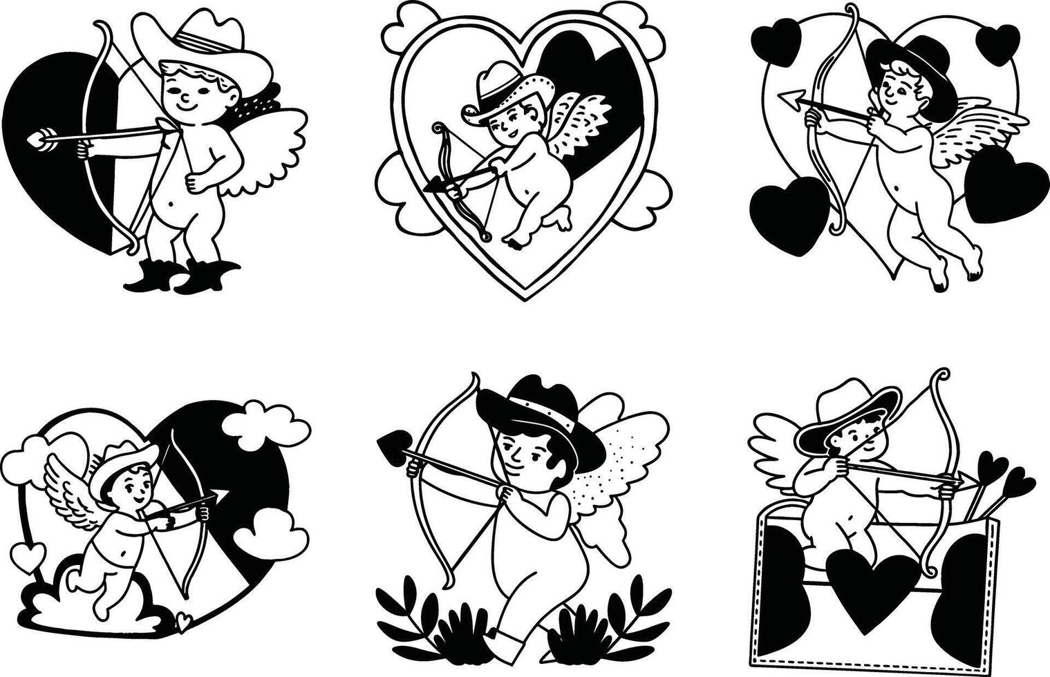 Cupid cowboy valentines day illustration set in black and white vector