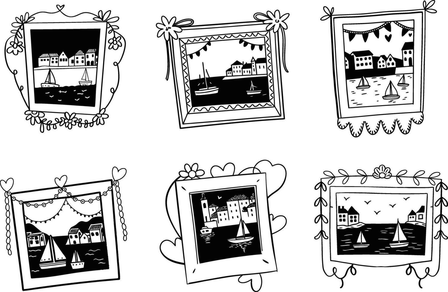 Black and white hand drawn photo frames with coastal scenery set vector