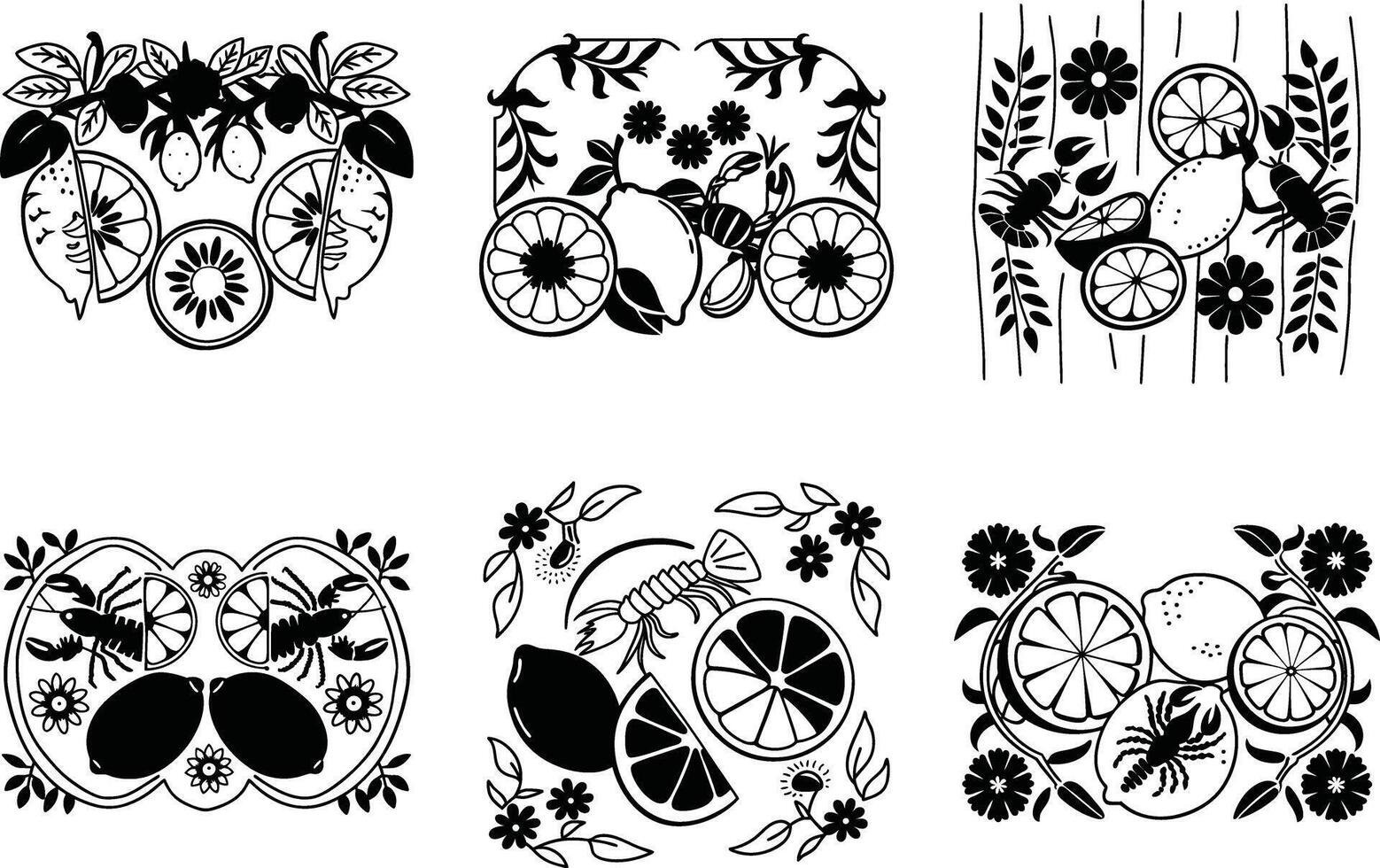 Black and white collection of lemon and lobster illustrations with floral ornamentation vector