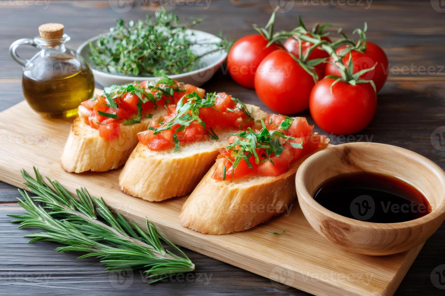 Chef preparing italian bruschetta with tomatoes, basil and balsamic vinegar photo