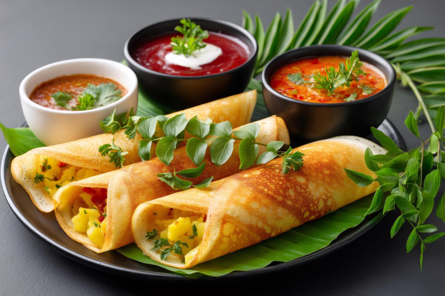 Masala dosa, a south indian pancake, served with sambar and chutney dips photo