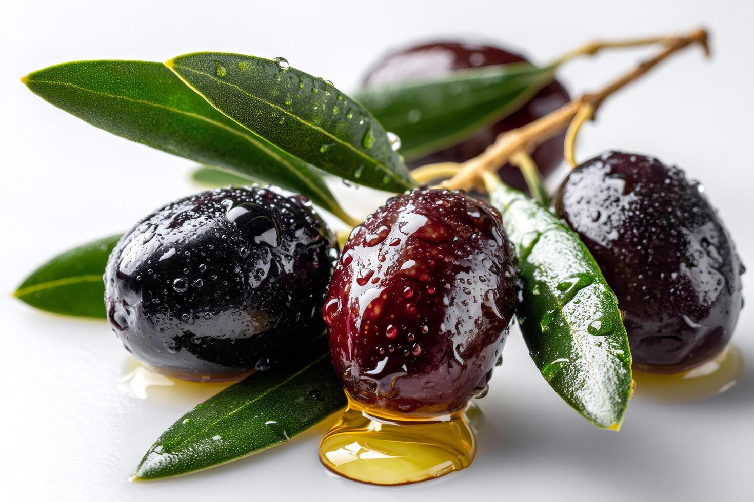 Fresh olives dripping olive oil with leaves covered in water drops photo
