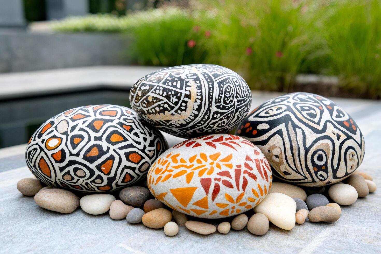 Decorative painted stones creating a relaxing zen atmosphere in a garden photo