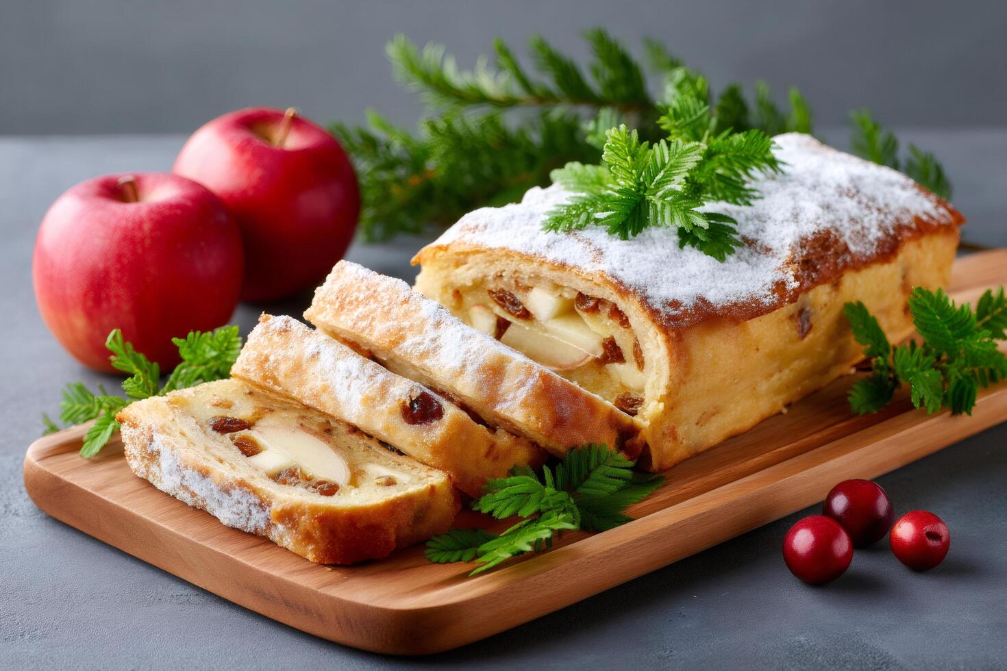 Apple strudel with raisins and powdered sugar resting on wooden cutting board photo