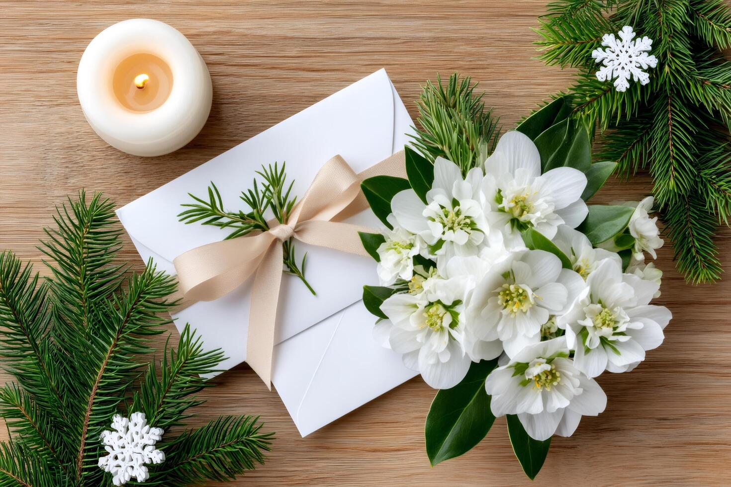 Christmas card near white flowers, candle and fir branches decorated with snowflakes lying on wooden table photo