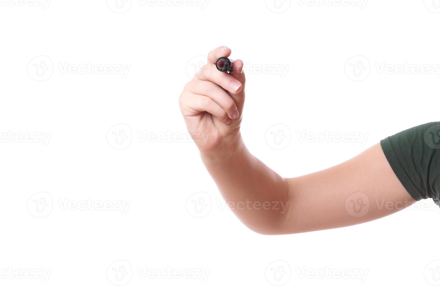 female hand writing with red marker pen on invisible screen photo