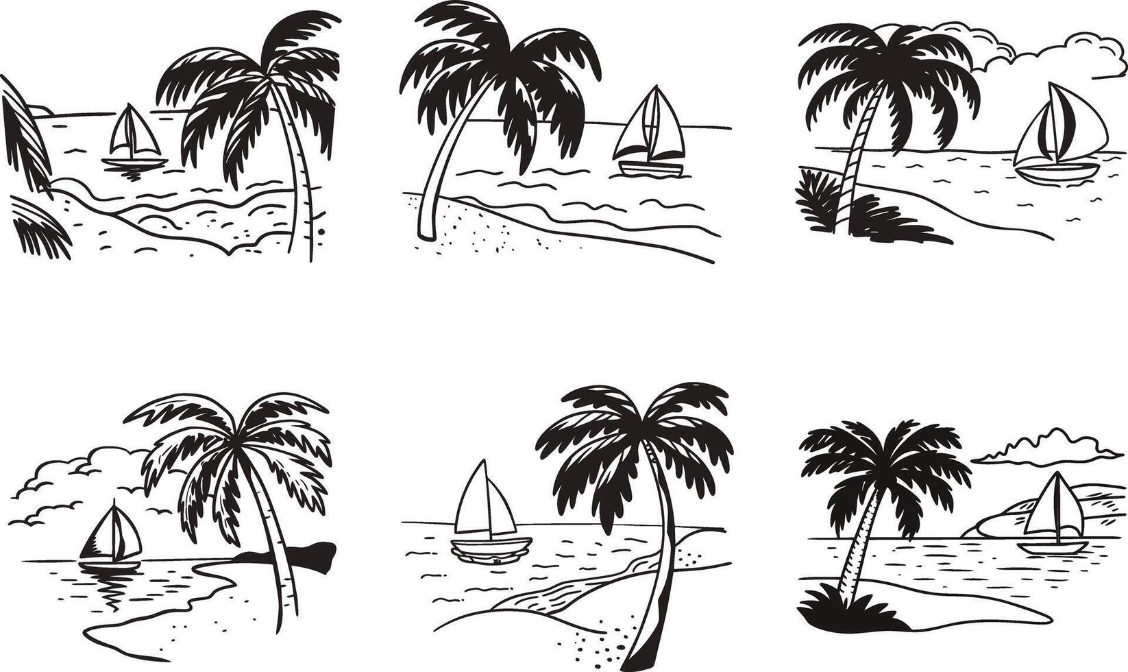 Tropical beach scenes with palm trees and sailboats black and white illustration vector