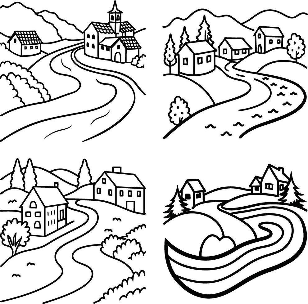 Hand drawn landscapes set with rivers and houses illustrations vector