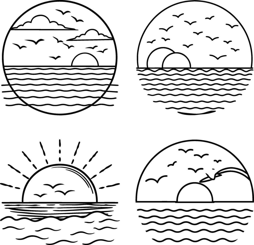 Set of minimalist sunset scenes with birds in circle frames line art vector