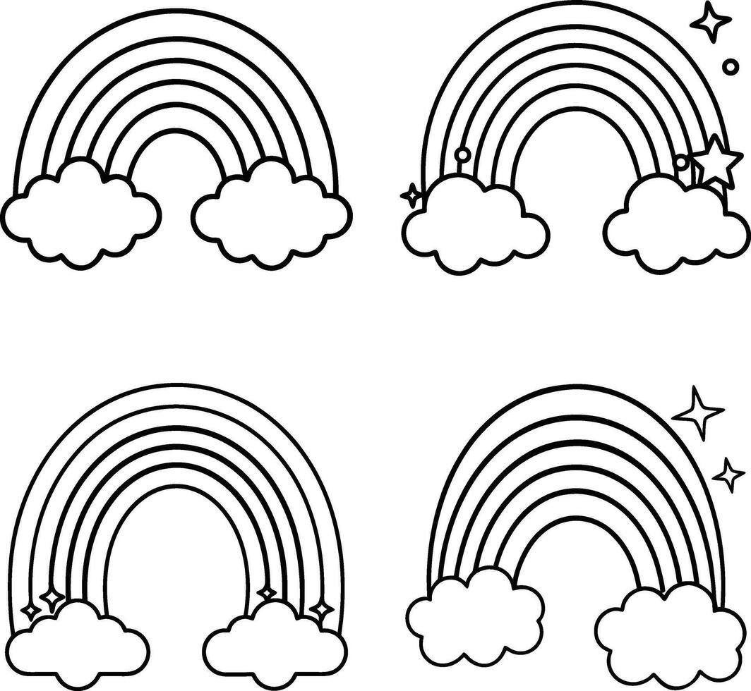 Rainbows with clouds and stars outline collection in simple style vector