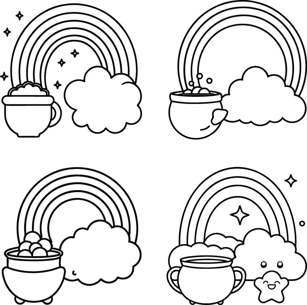 St patricks day outline icons rainbow pot of gold clouds and stars vector