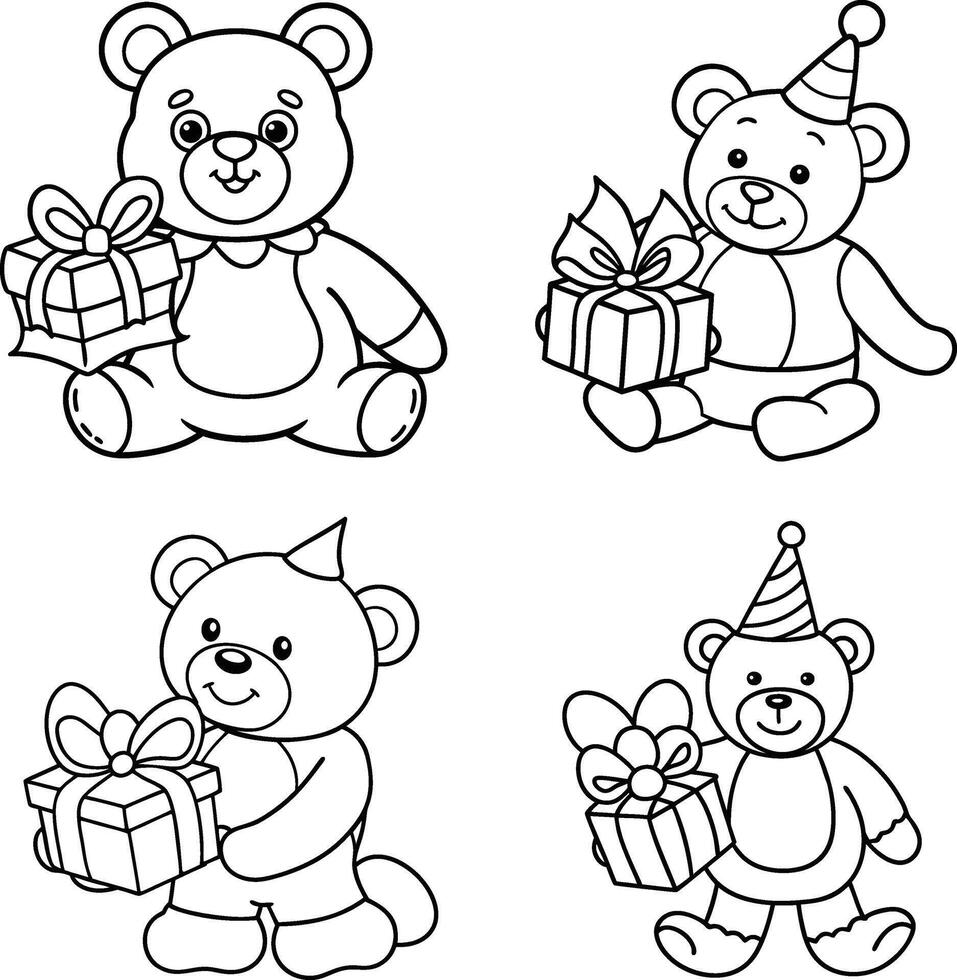 Coloring page set of teddy bears with gifts and party hats for children vector