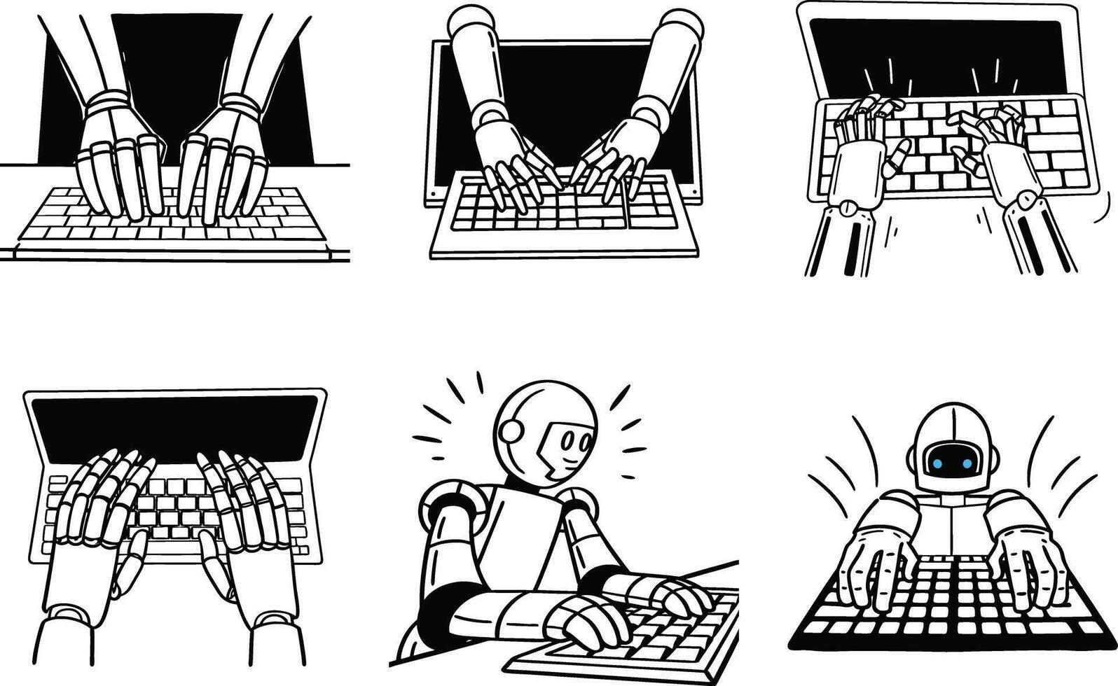 Robotic automation set depicting ai typing on laptops black and white style vector