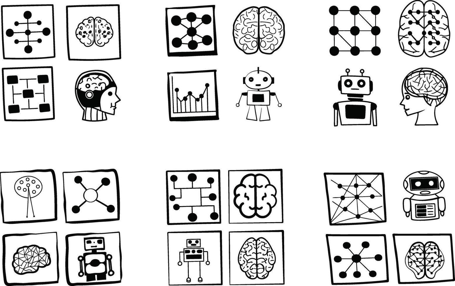 Artificial intelligence and robotics conceptual doodle set in black and white vector