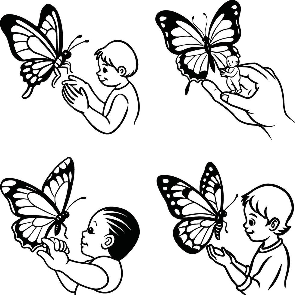 Black and white line art illustrations of children with butterflies and tiny human on hand vector
