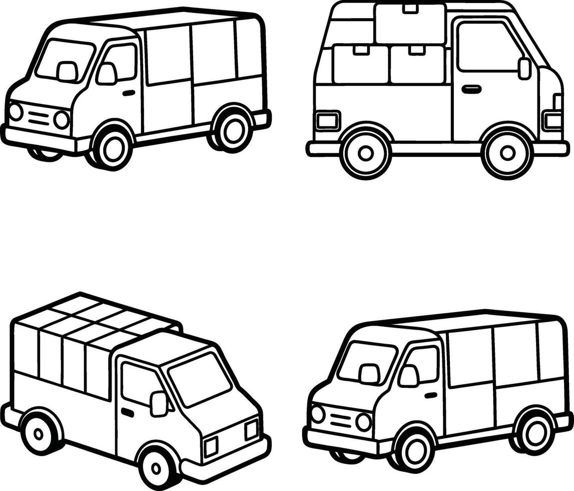 Set of delivery van outlines in various poses for coloring book or design vector