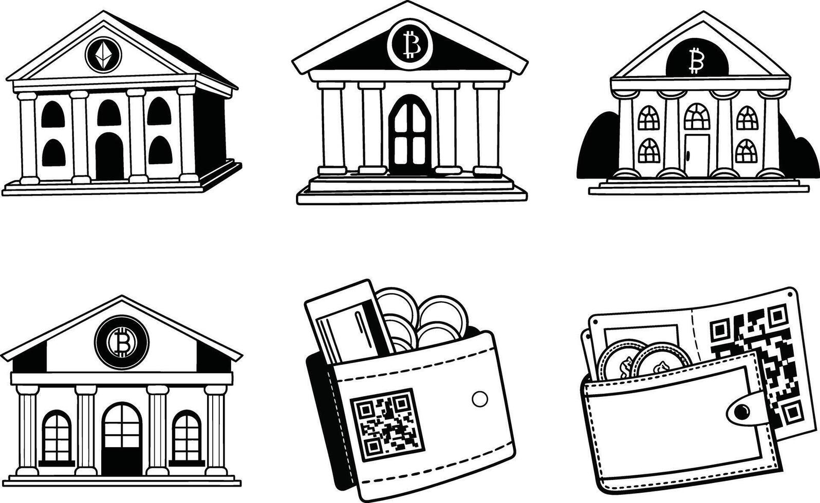Cryptocurrency and blockchain financial concept featuring buildings representing bitcoin ethereum and digital wallets vector