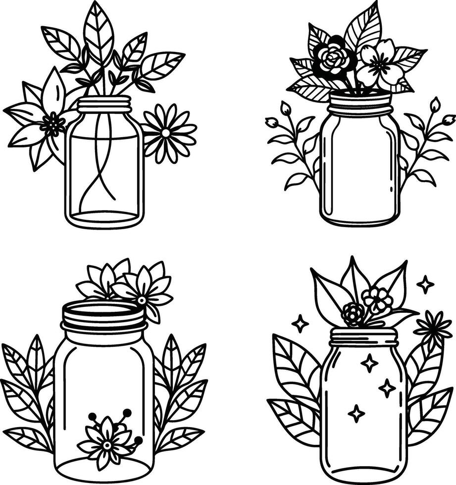 Mason jars with flowers and leaves black and white outline collection vector