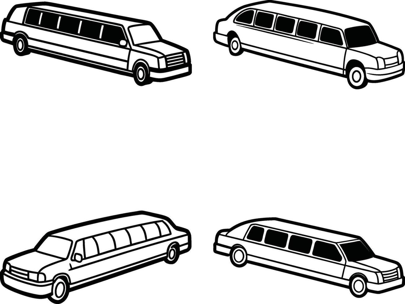 Four limousine car line art illustrations isolated on white background vector