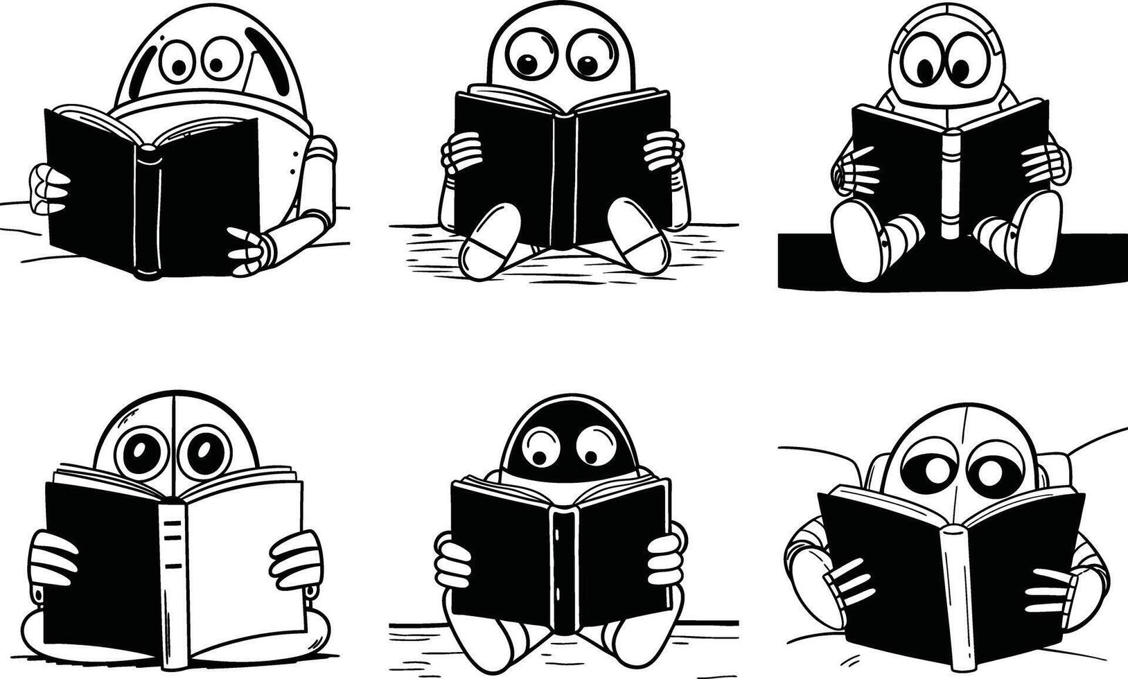 Cartoon robots reading books black and white doodle style characters collection vector