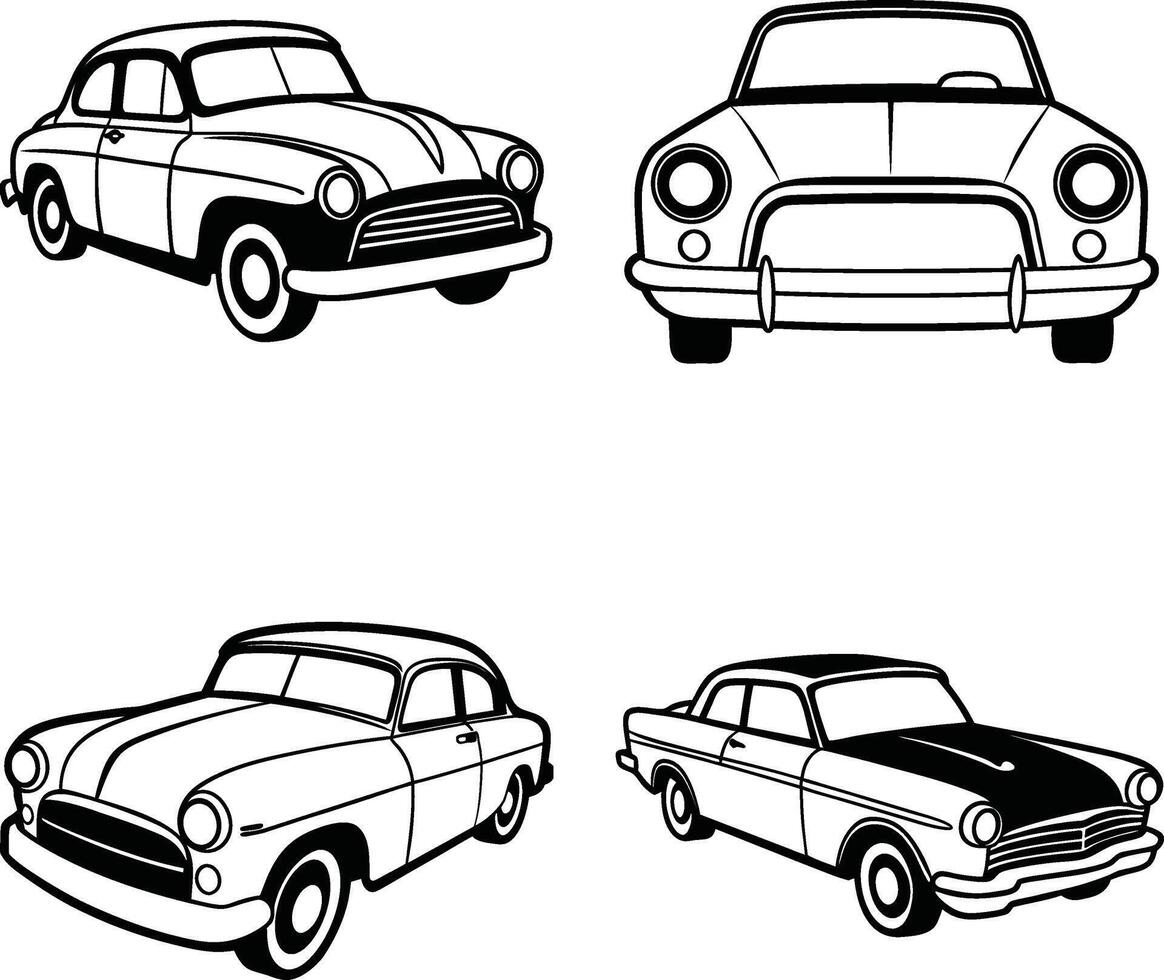 Retro car collection in black and white line art classic automobile illustrations vector