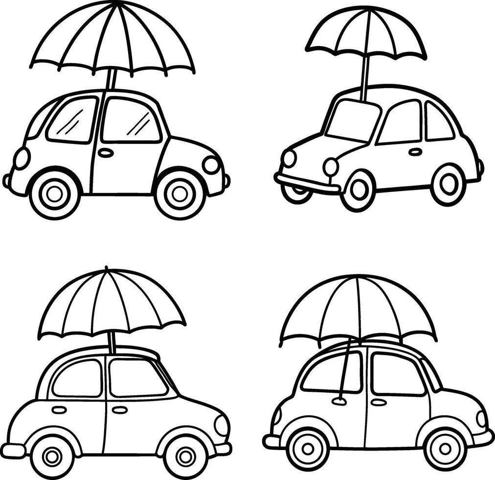 Whimsical cars with umbrellas outlines black and white hand drawn style vector