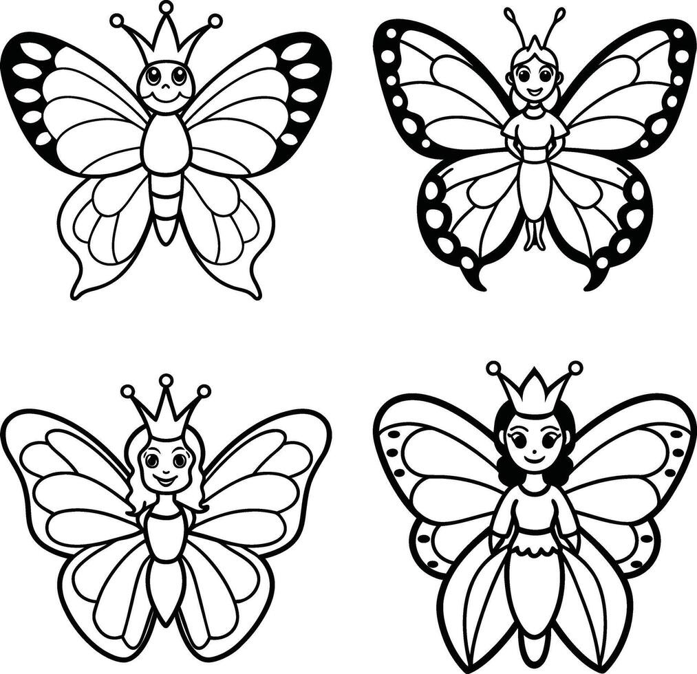 Cute butterfly fairy collection black and white line art illustration for coloring books vector