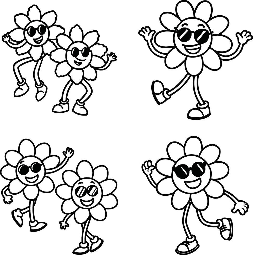 Cartoon flower characters with sunglasses dancing and waving black and white vector