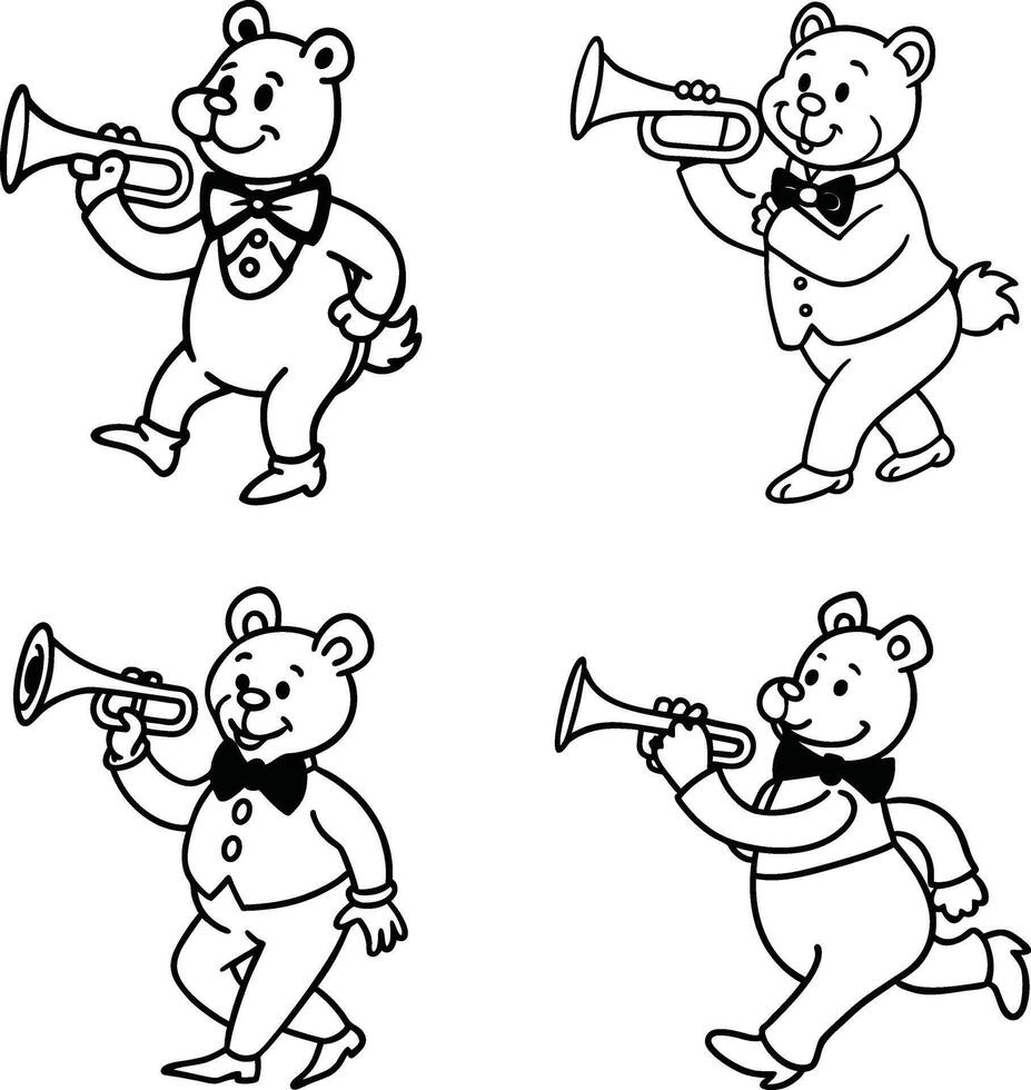 Four outlined bears in formal wear playing trumpets on white background vector