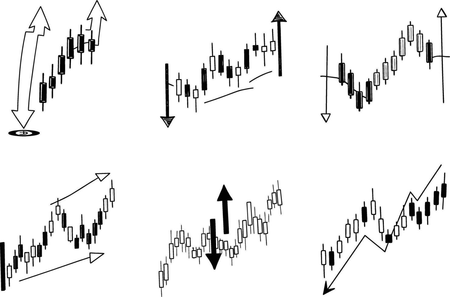Doodle style candlestick chart collection showing stock market trends vector