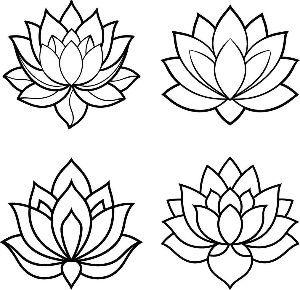 Four lotus flower outline illustrations in black and white for design elements vector