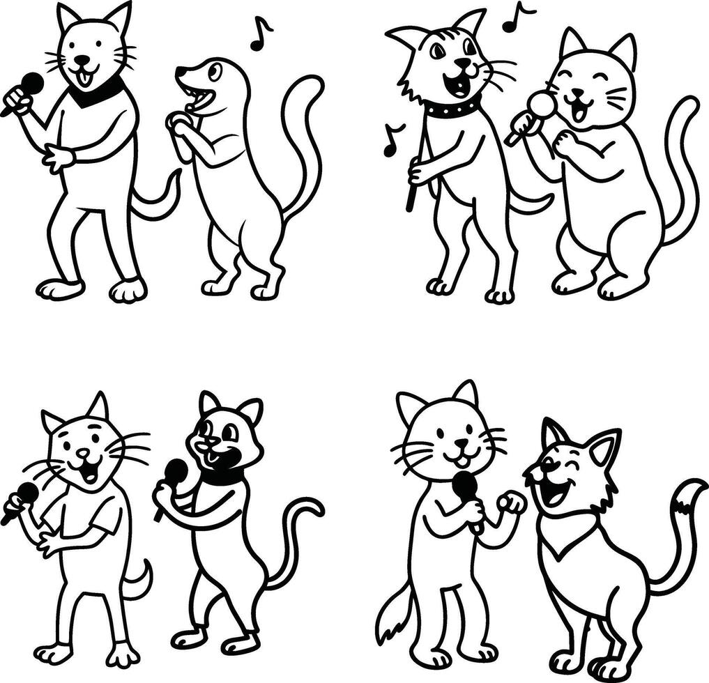 Cartoon cats and dogs singing together illustration set vector
