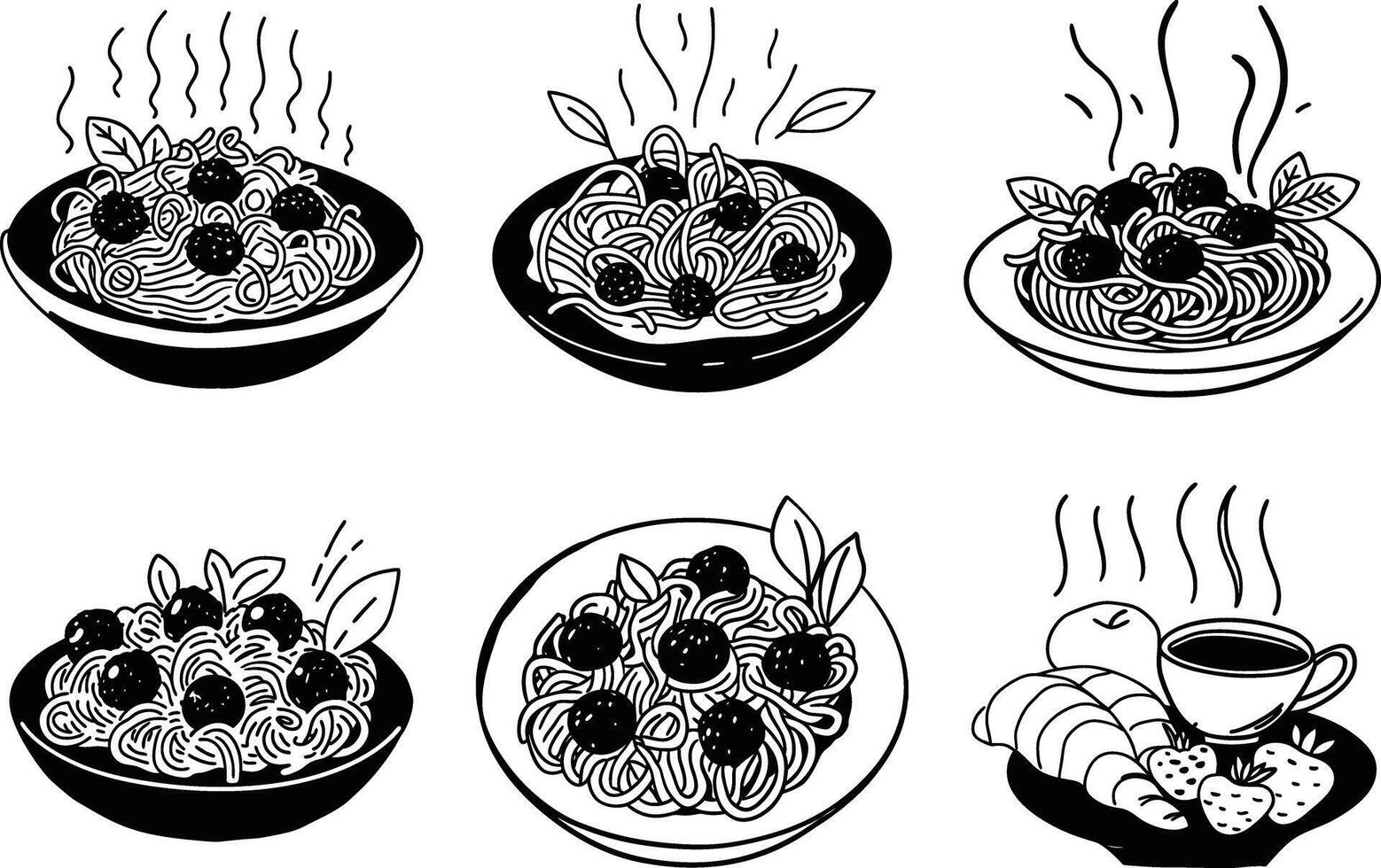 Black and white seamless pattern of food illustrations with pasta and pastries vector