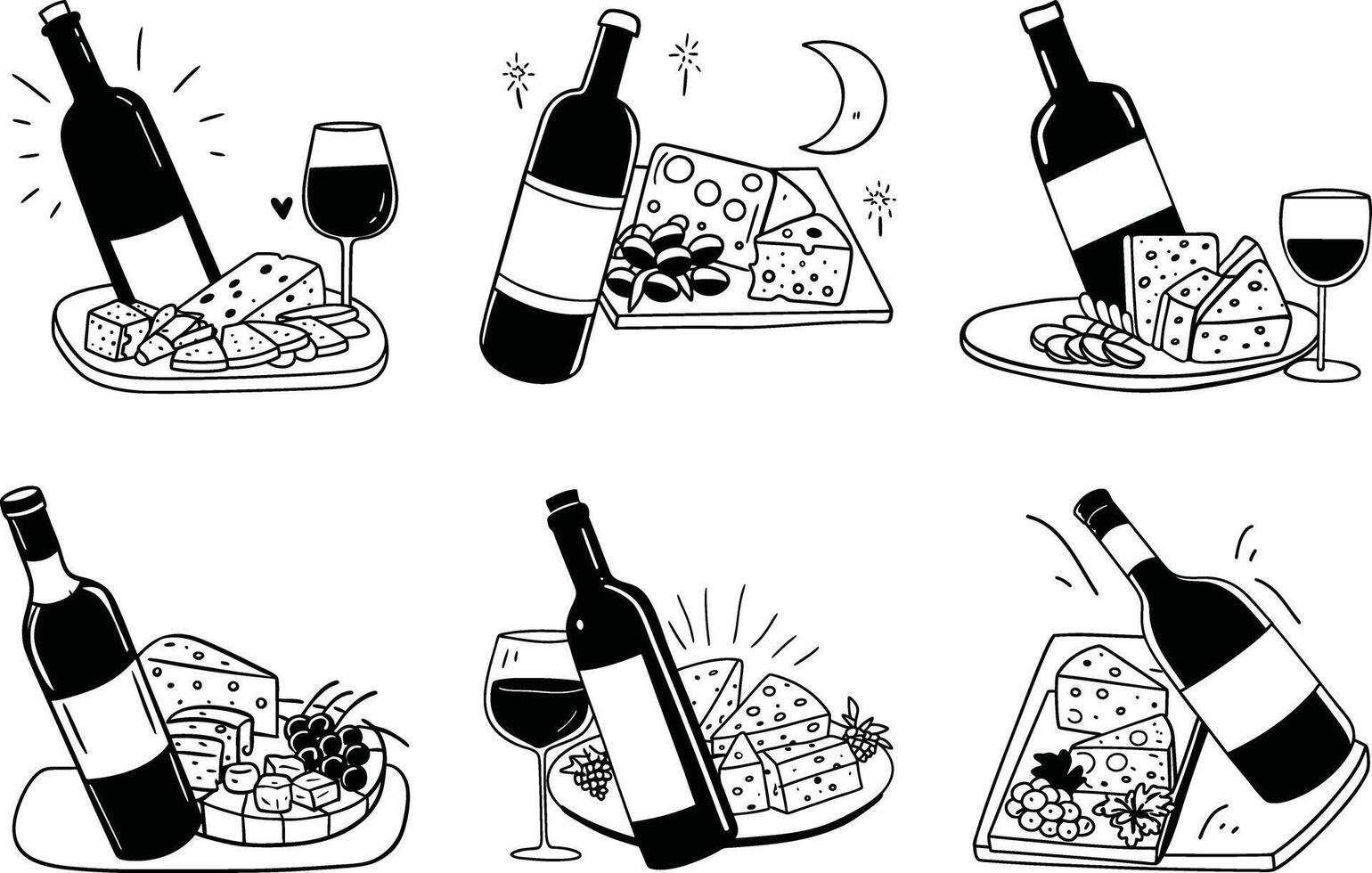 Doodle style wine and cheese illustration pattern featuring a bottle glass and cheese vector